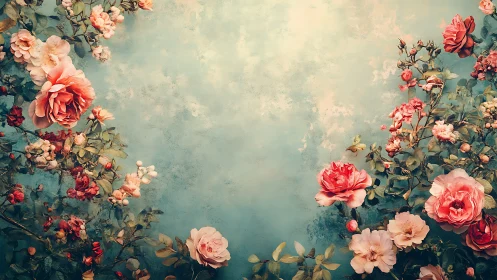 Vintage Rose Garden with Distressed Teal Background.