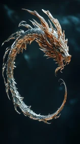 Coiled metallic dragon sculpture in suspended curved pose.