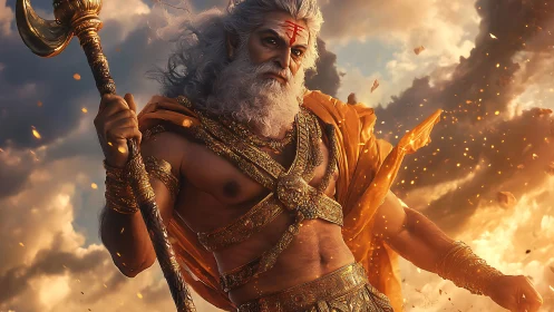 Regal warrior sage stands strong in glowing golden skies.