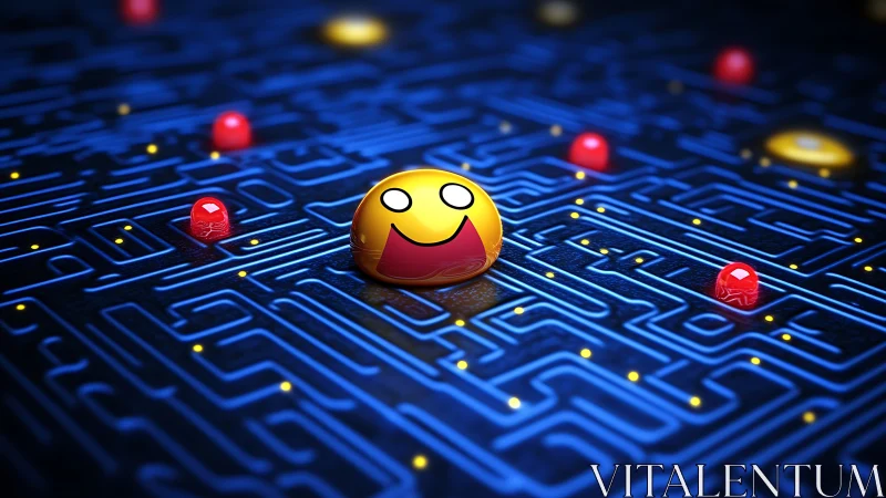 Smiley sphere navigates neon maze on glossy circuit board