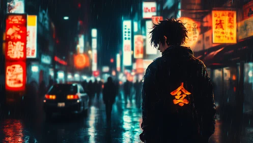 Lone figure in rainy neon city street walks with back turned