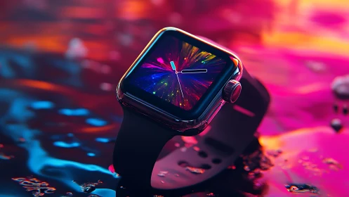 Neon tide smartwatch casting chromatic starlight over time.