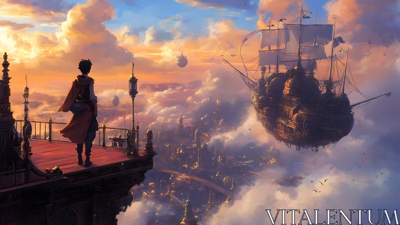 Steampunk aerostat galleon over stratified cloud metropolis.