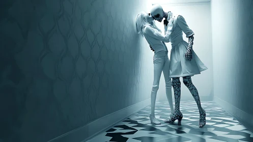 Two android lovers share a kiss in a cold neon hallway