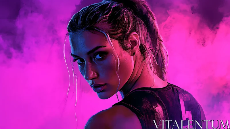 Neon-lit female portrait against vivid magenta smoke field.