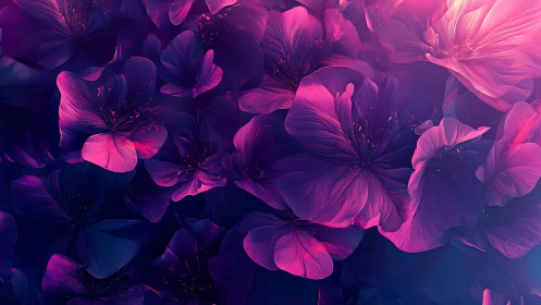 Vivid neon flowers in deep purple and pink glow.