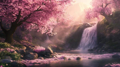 Cherry blossom valley waterfall under golden spring light.