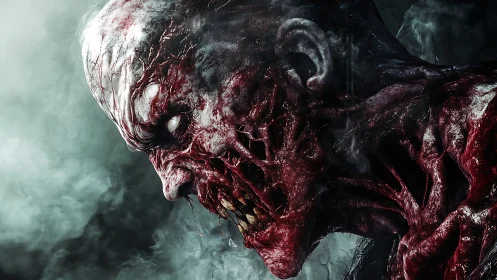 Grotesque zombie profile emerges from swirling fog in agony.
