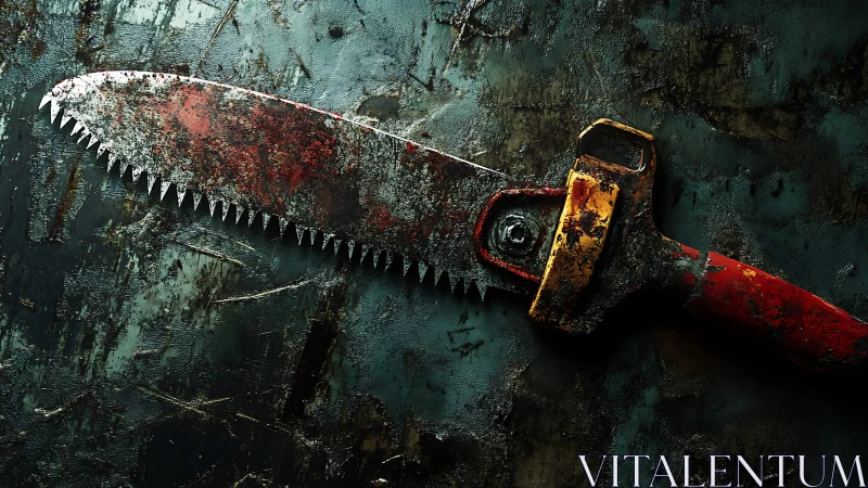 Rust-streaked hand saw blade on distressed metal surface.