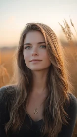Serene young woman in golden sunset field portrait.