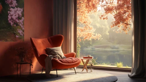 Cozy reading nook beside a sunlit lake and autumn leaves.