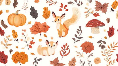 Playful forest foxes amid whimsical autumn foliage pattern.