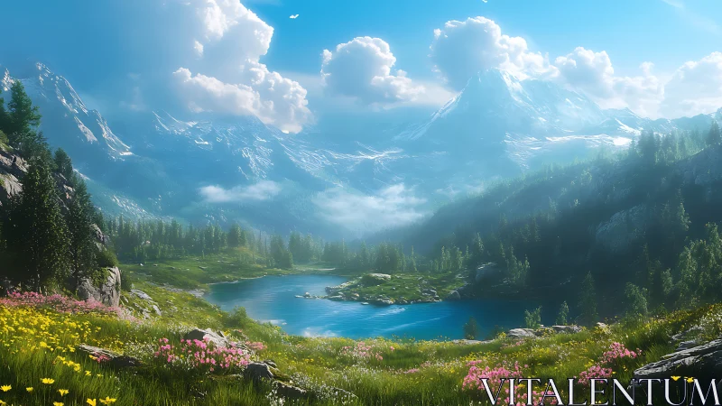 Sunlit alpine lake cradled by cloud-kissed crystal peaks.
