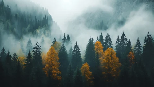 Misty Mountain Forest with Golden Autumn Trees.