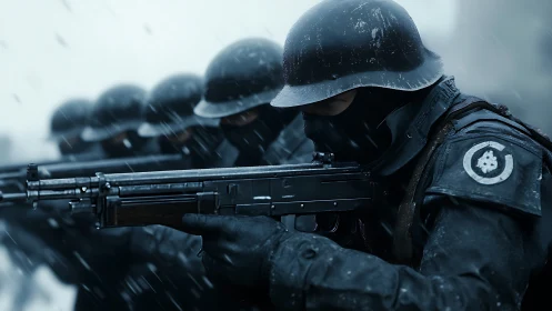 Armed soldiers in tactical formation during rainfall.