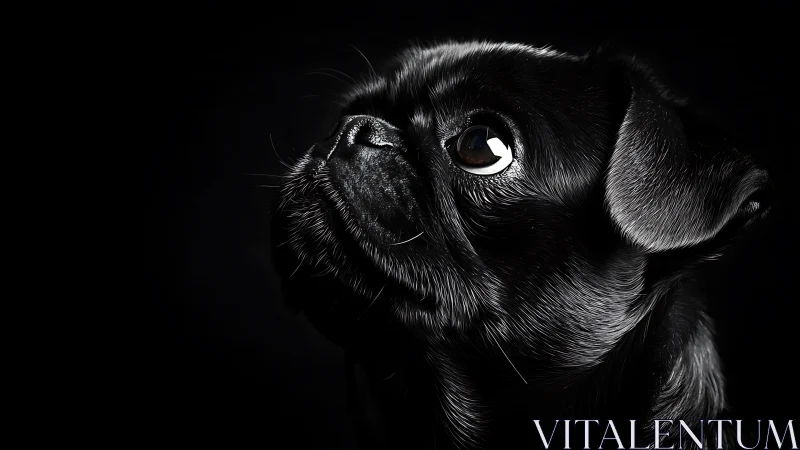 High-contrast low-key portrait of a black pug in profile