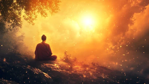 Monk meditates beneath blazing golden sunrise sky glow.
