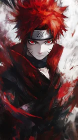 Crimson‑haired shinobi in dynamic brush‑stroke vortex.