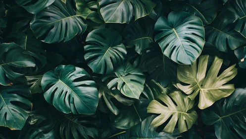 Monstera foliage array shows layered leaf structure and tonal depth