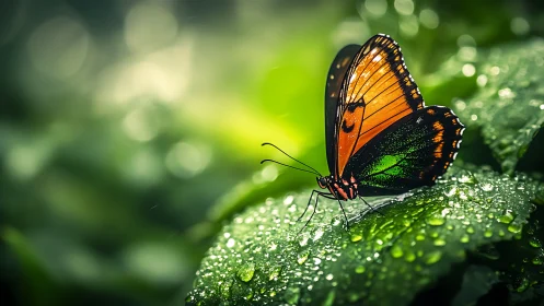 Radiant butterfly rests on dewy green leaf in soft sunlight.