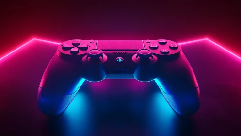 Neon-Glowing PlayStation Controller Against Dark Purple Backdrop