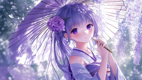 Purple haired girl in kimono with parasol under blossoms.