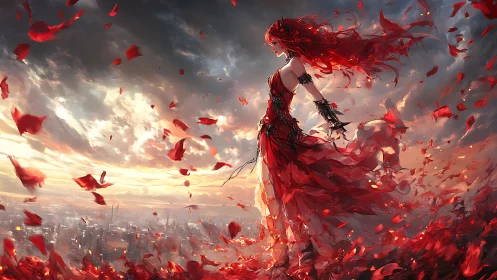 Flame-haired sky sorceress over burning red cityscape.