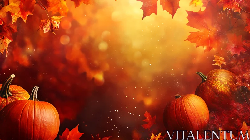 Glowing autumn pumpkins framed by warm falling leaves.