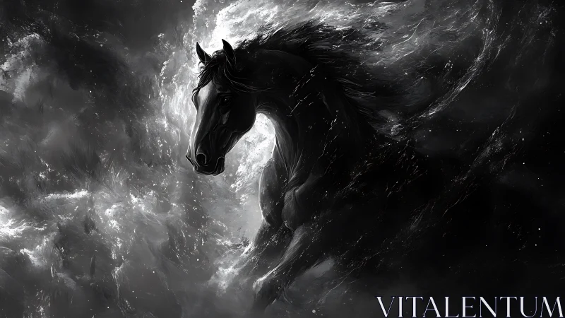 Black horse emerges from swirling monochrome storm