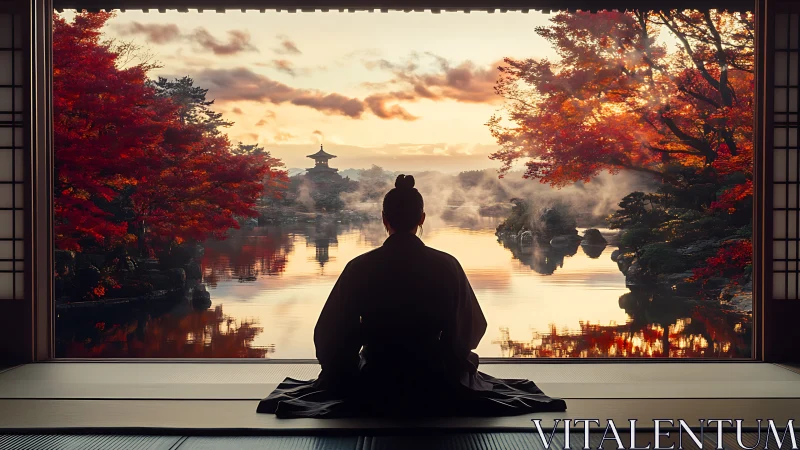 Silhouette of seated figure facing autumn lakeside temple.