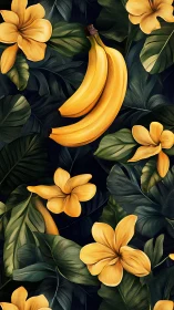 Bananas with yellow plumeria on deep jungle foliage pattern.