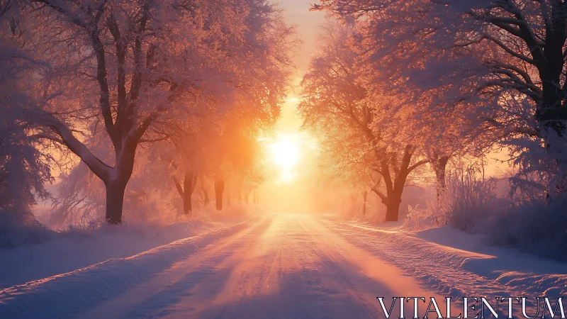 Winter road sunset through frosted trees in soft light.