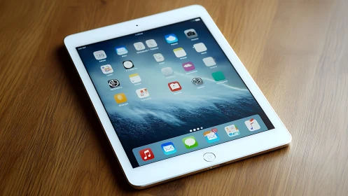 White iPad Glowing Against Wood, Displaying Vibrant Digital Ecosystem