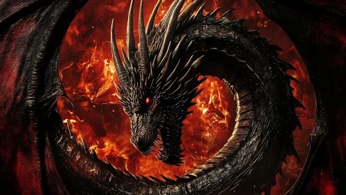 Black dragon coils before inferno portal, jaws poised to strike