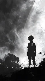 Silhouetted anime figure confronts a vast stormy sky