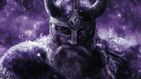 Brooding violet viking warrior under a storm of ghost snow.