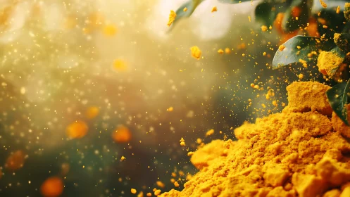 Golden spice powder in dynamic scattering sunlight burst.