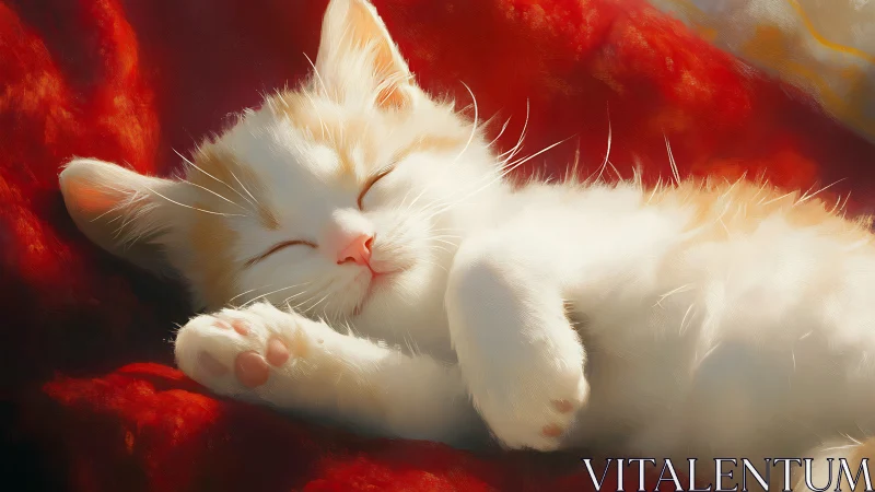 Serene White Cat Sleeping on Crimson Fabric Background.