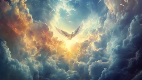 Radiant white bird rising through luminous sky clouds.