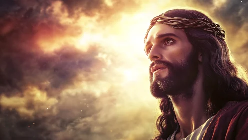 Radiant crowned figure gazes upward through glowing clouds.