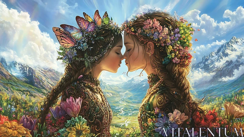 Twin flower spirits trade a mountain-bloomed kiss of spring.