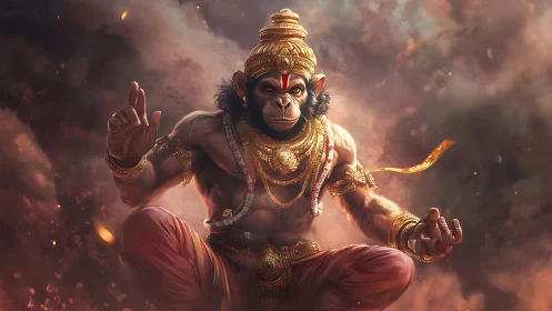 Storm-borne monkey warrior meditates in molten dawn clouds.