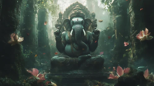 Mystic elephant deity statue amid luminous jungle ruins.