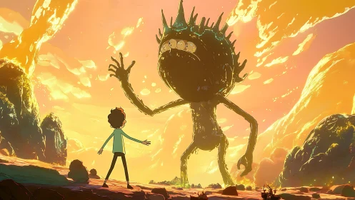 Sunlit boy confronts molten-eyed alien giant on blazing world.