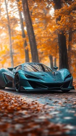 Aerodynamic teal hypercar in high-contrast autumn forest setting.