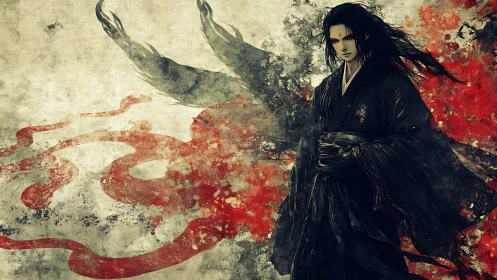 Silent dark warrior walks through swirling red shadows