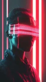 Profile view of person wearing luminous visor in neon light