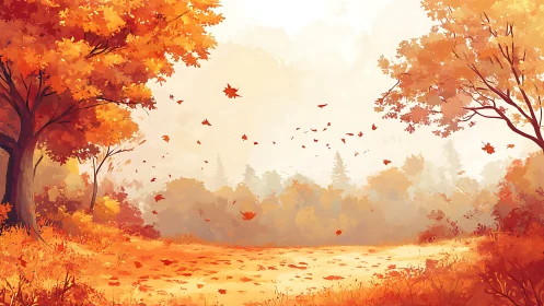 Golden autumn trees sway gently as leaves drift on the breeze