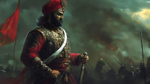 Warrior king surveys burning battlefield under storm sky