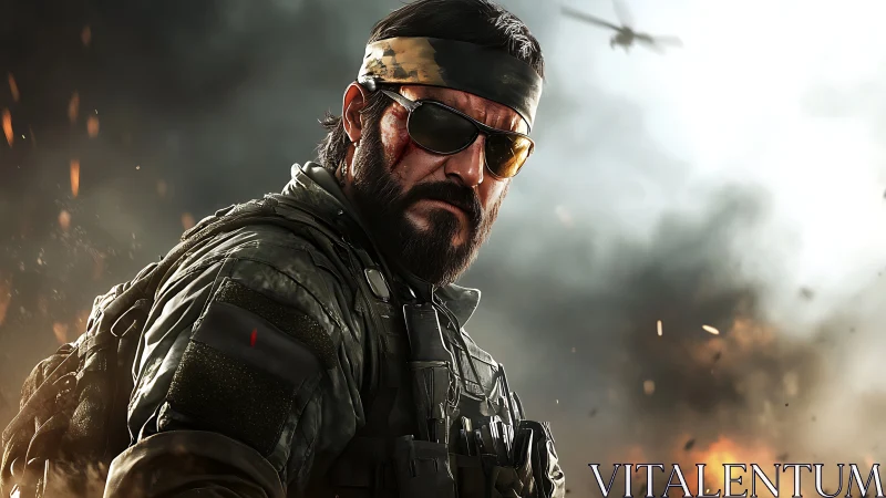 Battle-scarred tactician stalks the firelit war horizon.